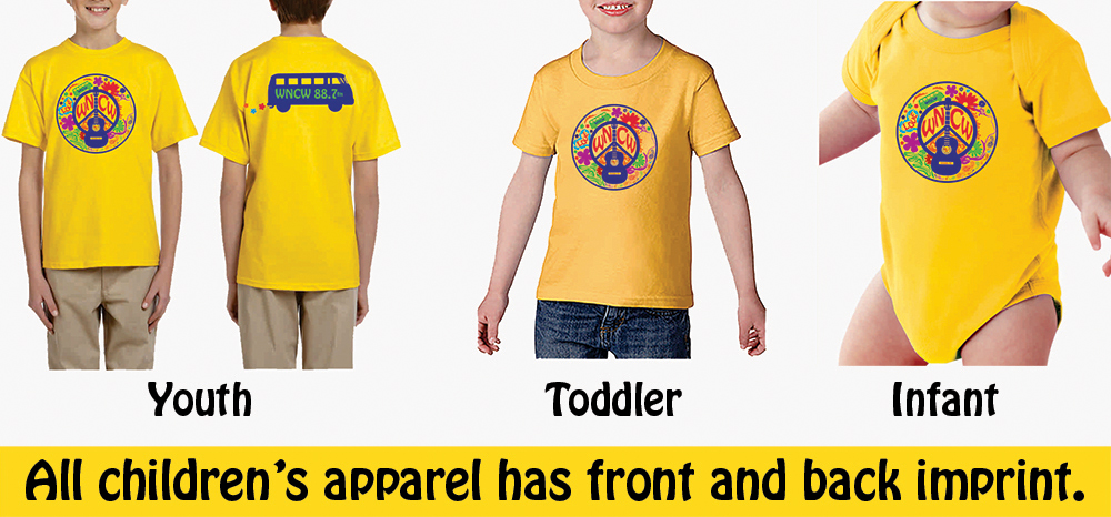 WNCW Summer of Love T-shirt pictured in youth, toddler and infants styles